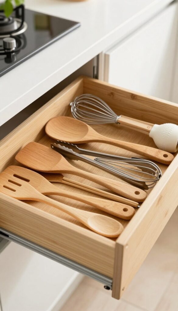 Kitchen drawer with bamboo dividers organizing utensils and gadgets