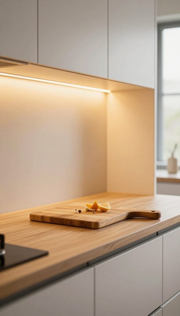 Warm under-cabinet lighting on a kitchen countertop with butcher block and ingredients