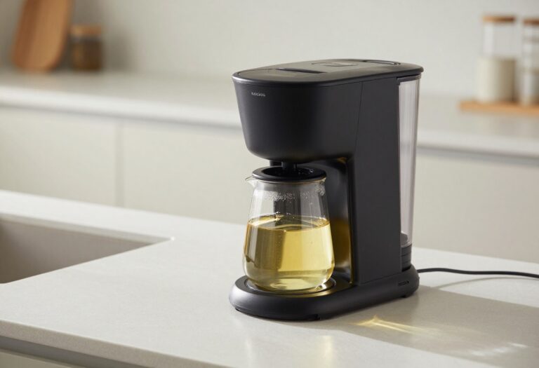 Coffee maker being cleaned with vinegar solution in carafe