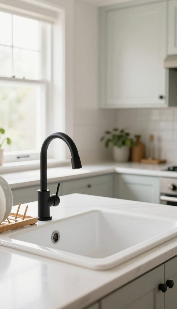 Large apron sink with gooseneck faucet in a bright kitchen