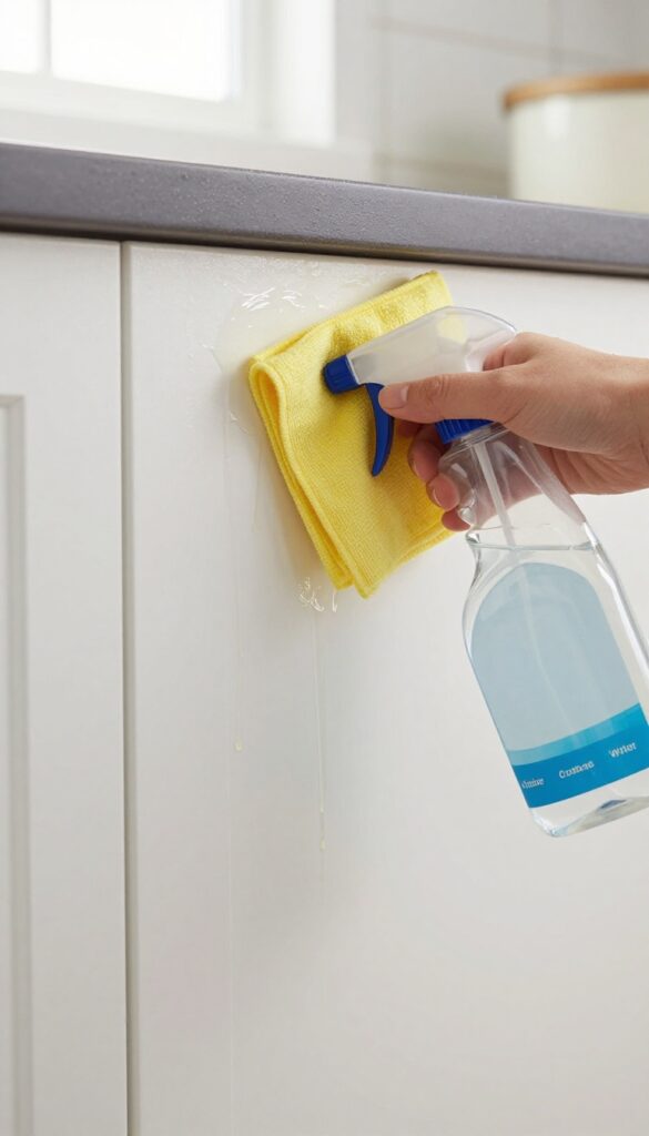 Cleaning kitchen cabinets with vinegar and water spray