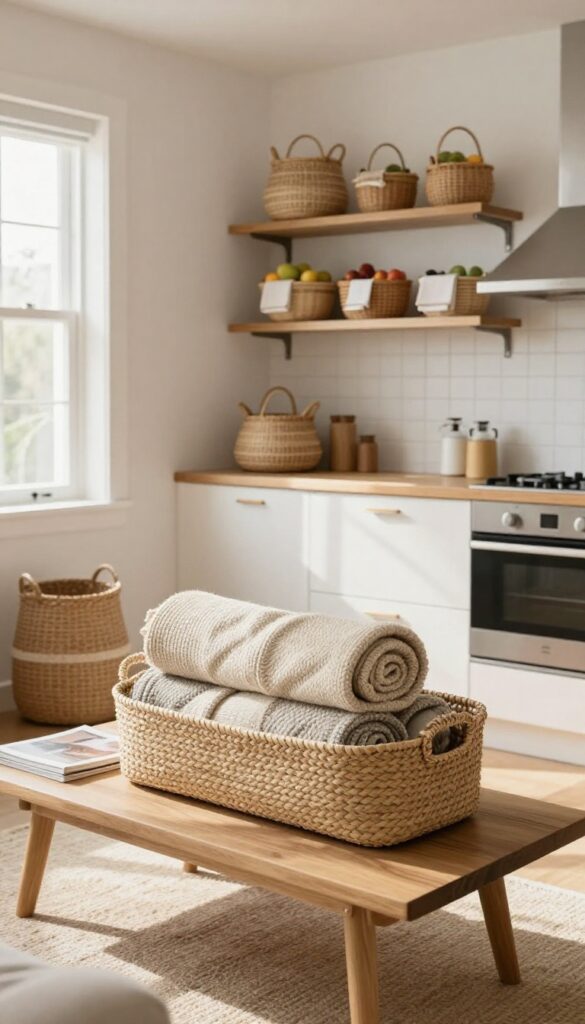 Open-concept living room with coffee table and woven baskets storing blankets, and kitchen shelves with small round baskets holding fruit and towels.