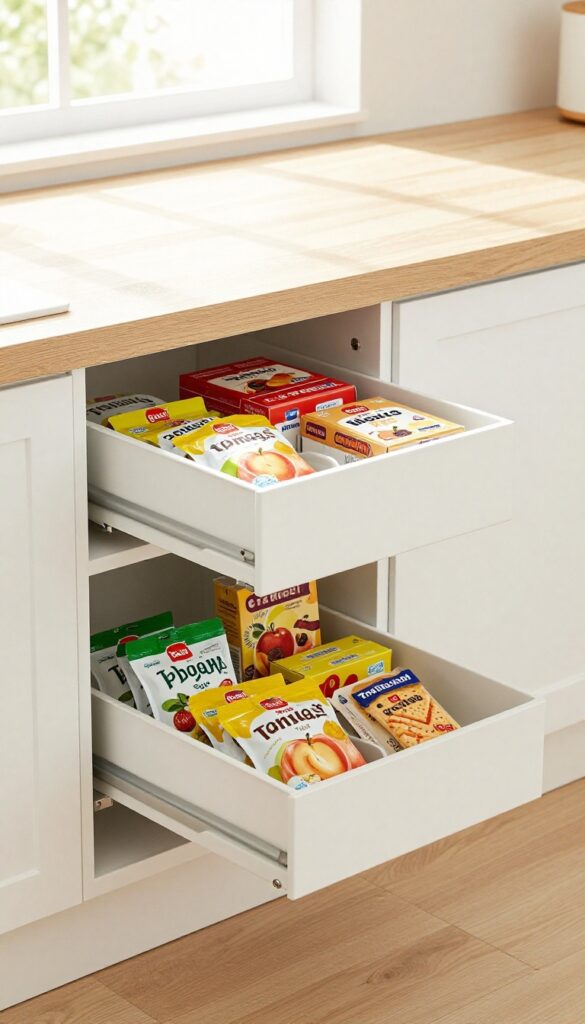 Pull-out pantry bins in lower kitchen cabinets with toddler snacks organized neatly