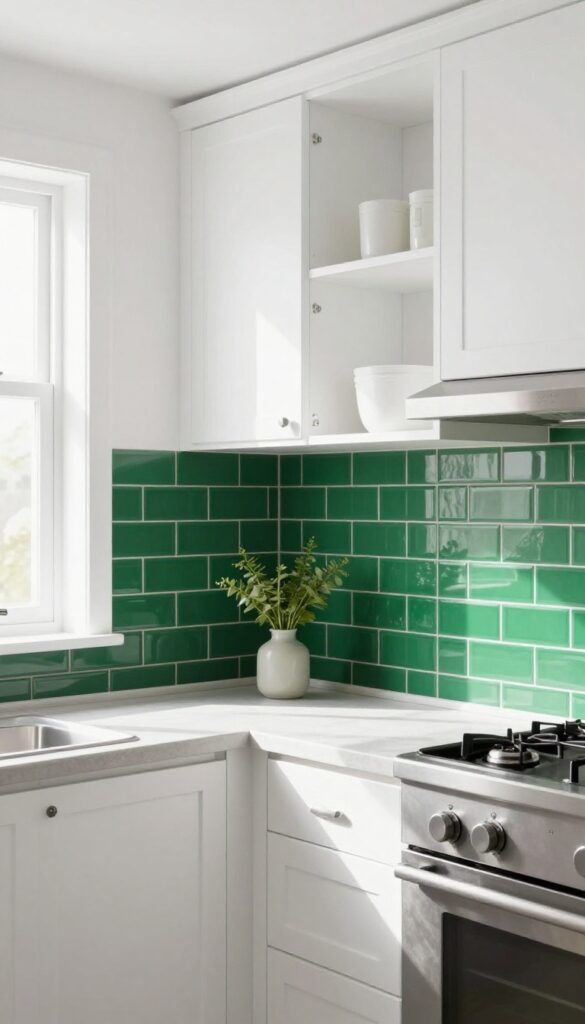 Small kitchen with white cabinets and a vertical emerald green backsplash tile accent behind the stove