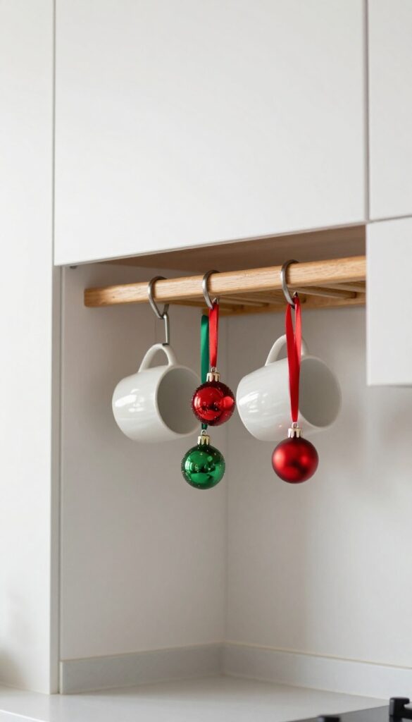 Mug rack with Christmas ornaments hanging from hooks, alternating with coffee mugs, in a small kitchen.