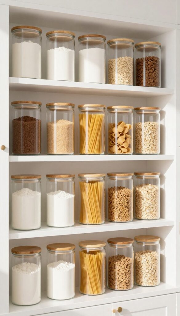 Clear glass canisters with bamboo lids filled with flour, sugar, pasta, and oats neatly arranged on open pantry shelves in a bright, tidy kitchen.