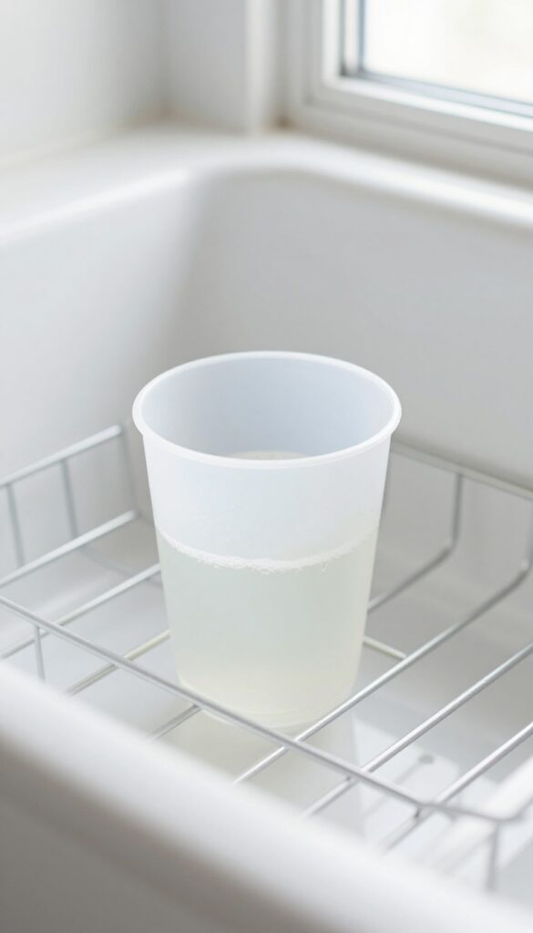 Dishwasher with a cup of white vinegar on the top rack for a maintenance cleaning cycle