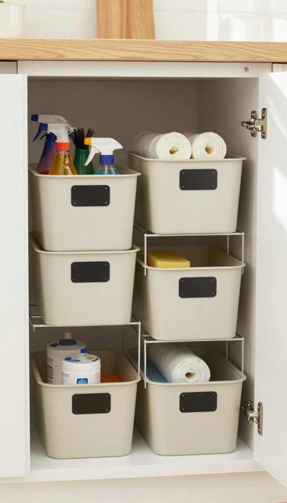 Open under-sink cabinet with organized stackable bins for cleaning supplies, bright natural light, minimalist and warm.