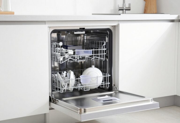 Clean dishwasher interior with vinegar cup on top rack