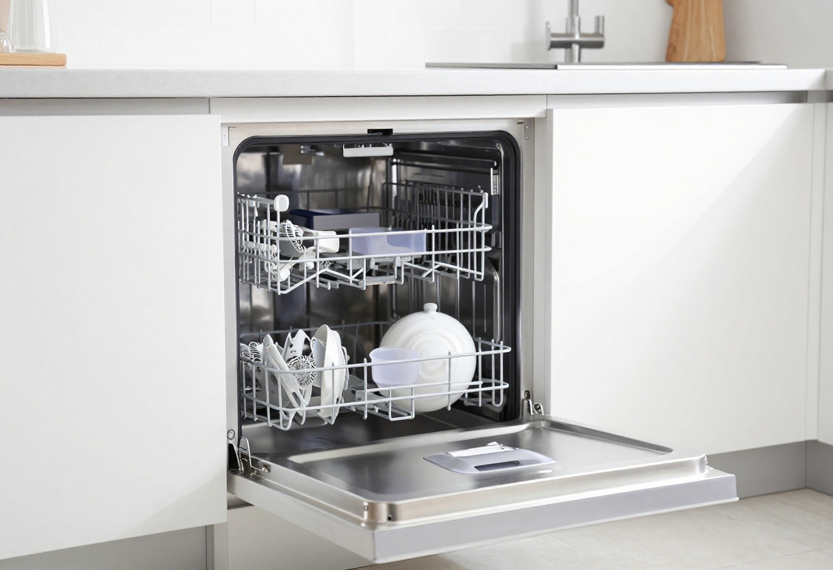 Clean dishwasher interior with vinegar cup on top rack