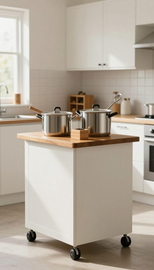 Slim rolling cart with butcher-block top used as mobile kitchen island in small Indian home, natural light