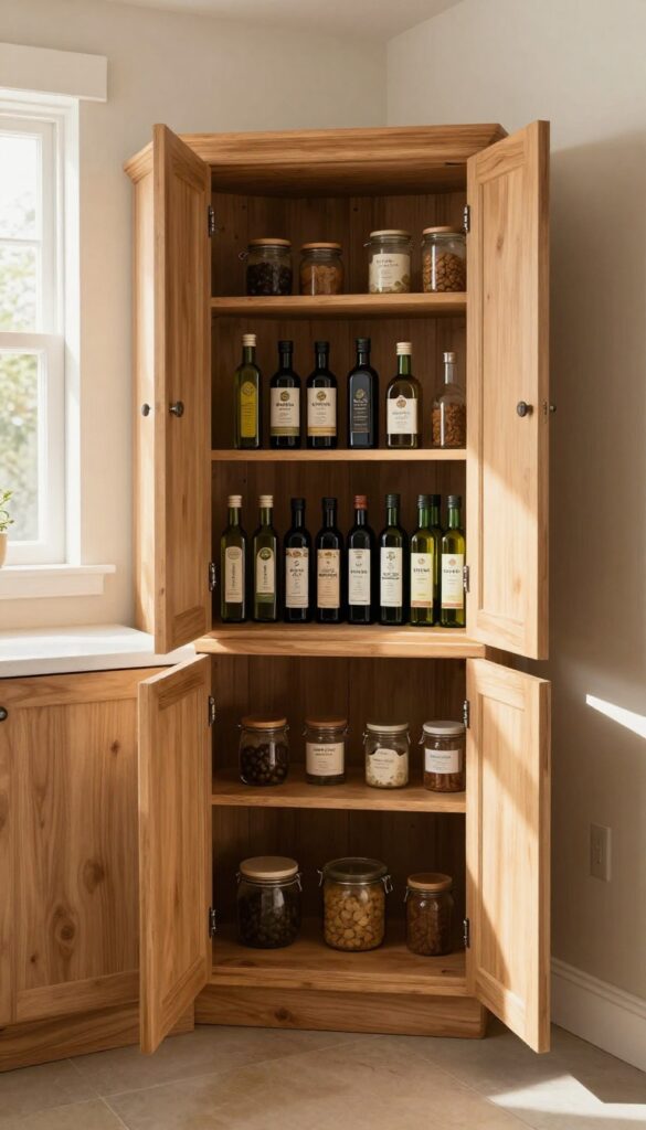 Open corner cabinet with a wooden Lazy Susan holding organized bottles and jars.