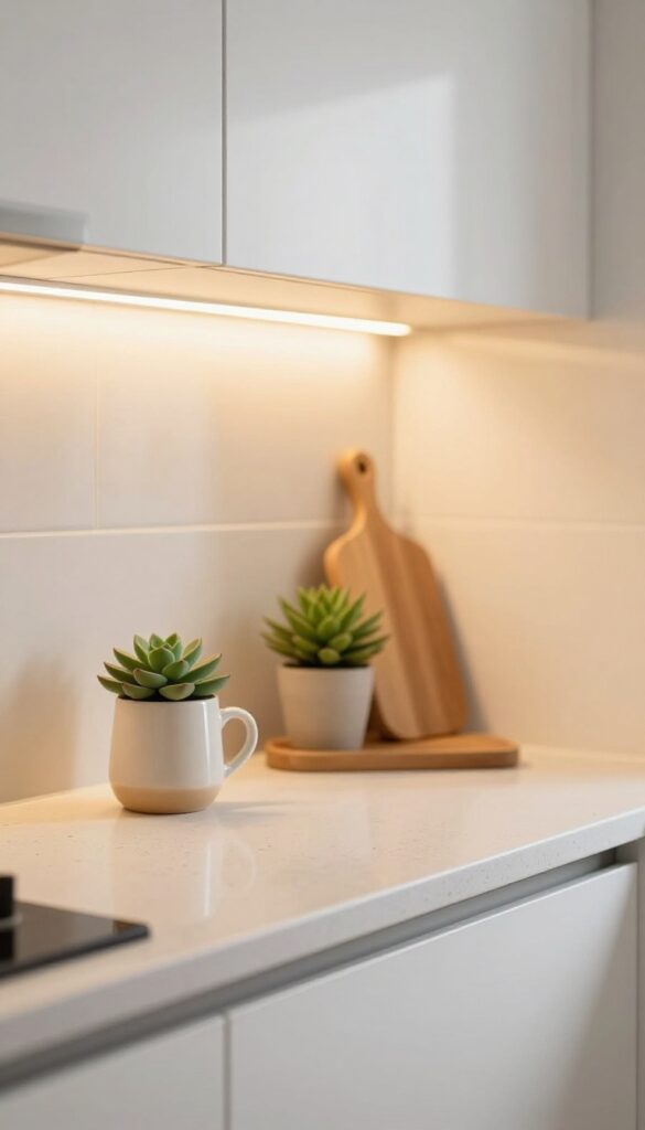 Warm under-cabinet lighting illuminating a small kitchen countertop with a mug and succulent