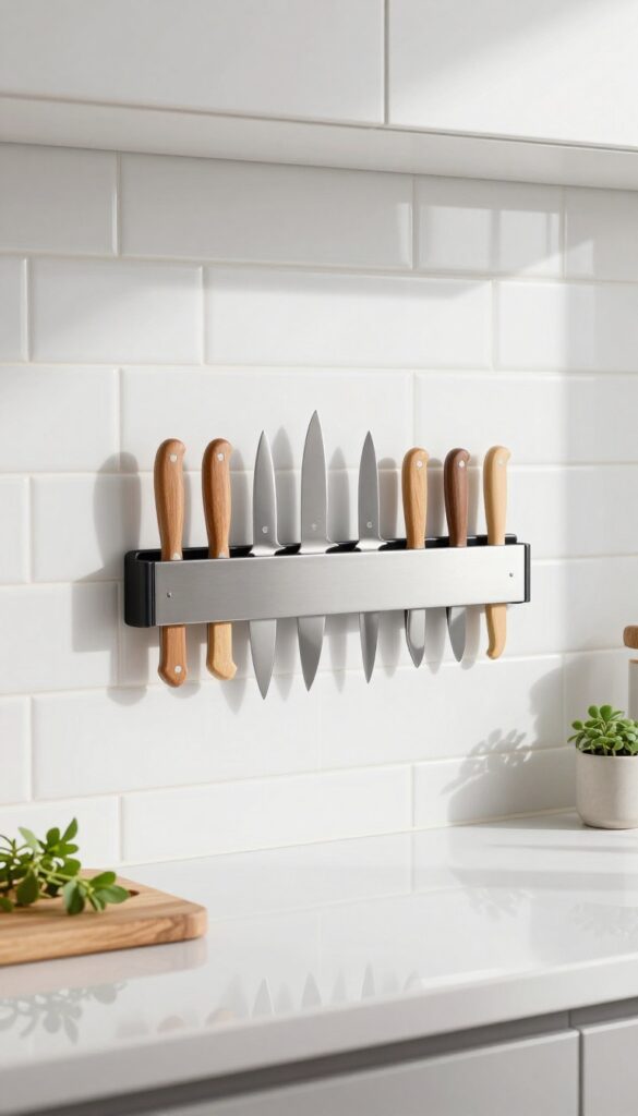 Magnetic knife strip on white subway tile backsplash in a narrow kitchen, holding stainless steel knives with wooden handles, clean and bright.