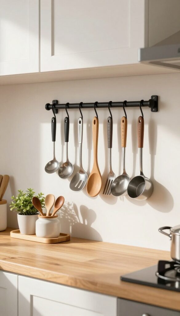 Modern farmhouse kitchen with a matte black pegboard holding utensils and a small shelf with a plant, bright natural light.