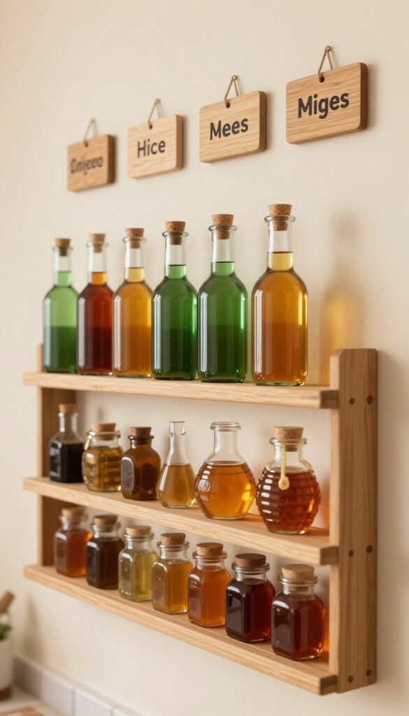 Wall-mounted spice rack with glass bottles in item frames on a kitchen wall