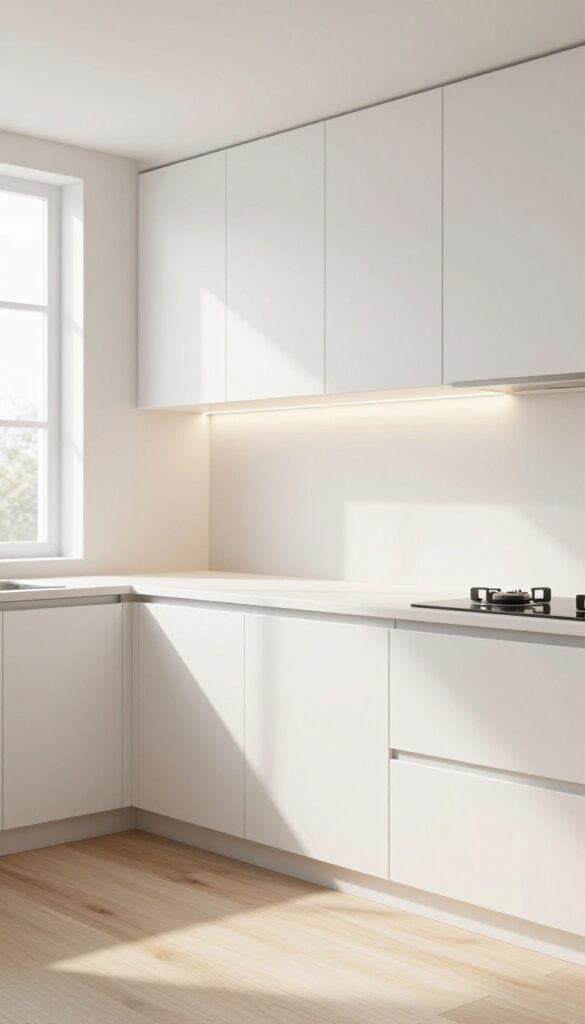 Modern kitchen with floating effect from warm white toe-kick LED lighting under cabinets
