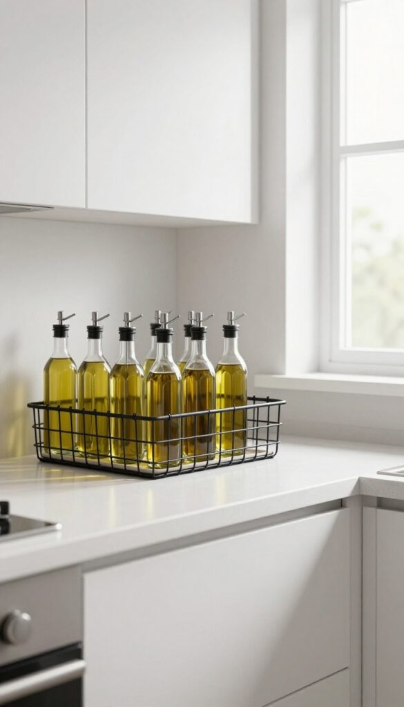 Under-shelf wire basket holding oil bottles vertically beneath kitchen cabinets, with natural light and clean composition.