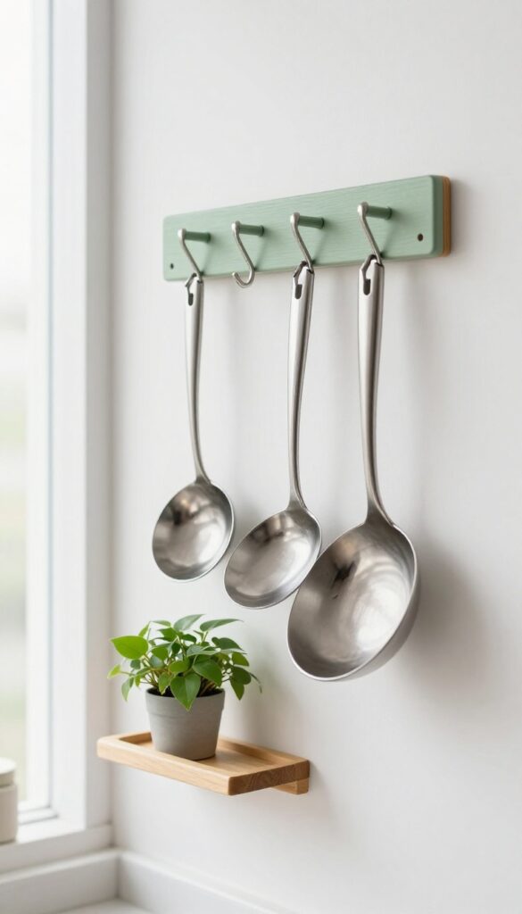 Pegboard wall in kitchen holding utensils and a small plant