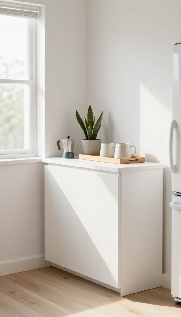 Slim console table in a small kitchen with coffee station and plant.