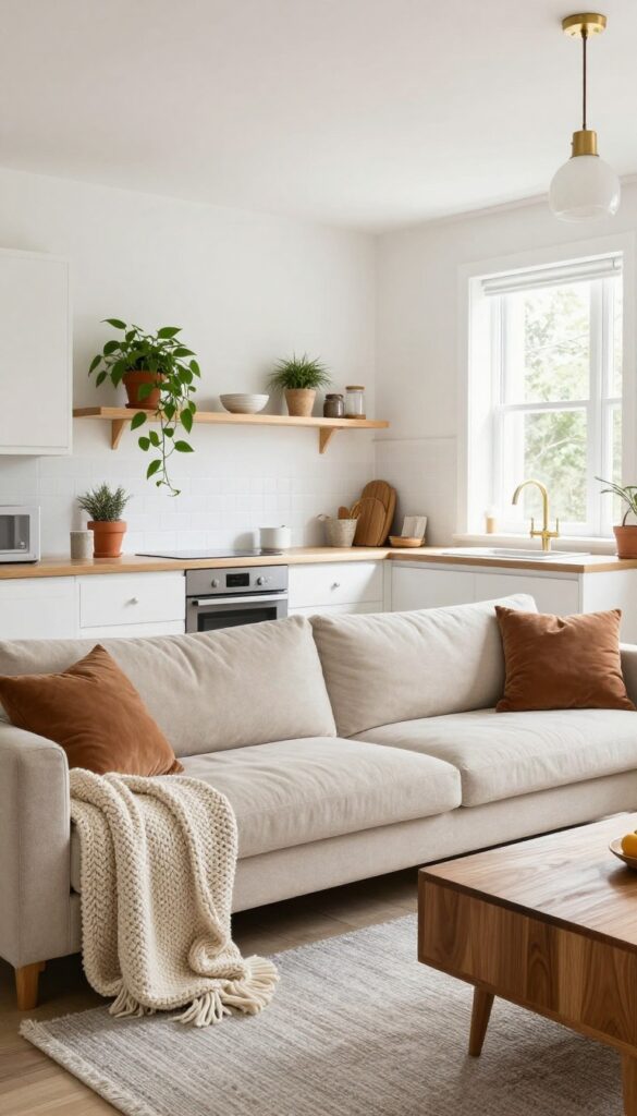 Light open kitchen and living room with warm accents, terracotta planter, and natural textures