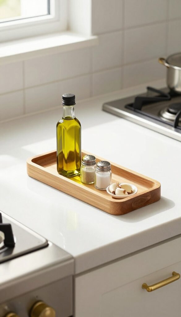 A narrow wooden tray on a kitchen counter near the stove, holding olive oil, salt, pepper, and garlic, with warm natural light and tiled backsplash.