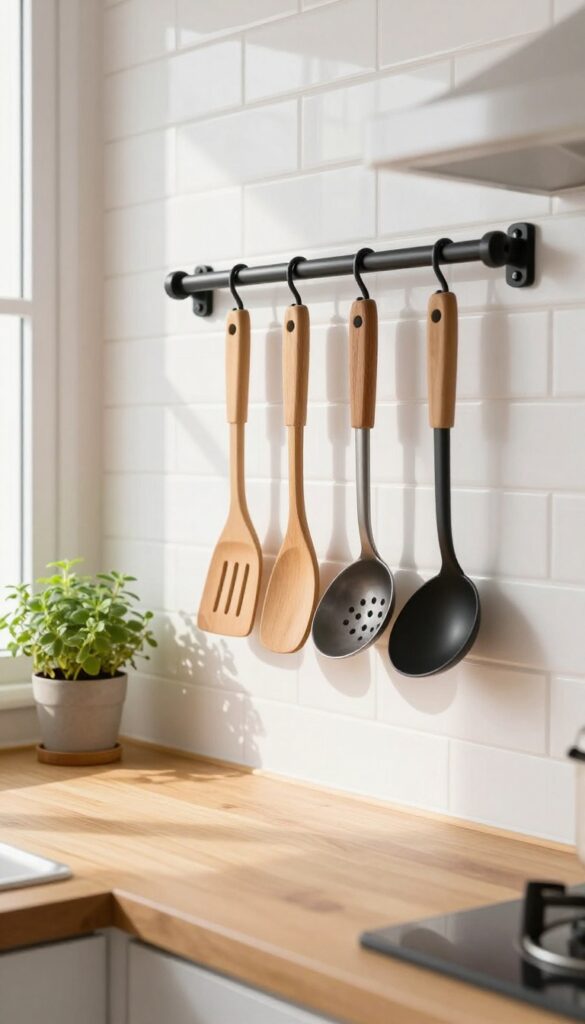 Wall-mounted utensil rail with wooden-handled tools in a bright kitchen, organized and stylish.