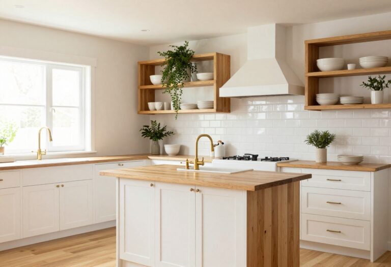 Modern country kitchen with white cabinets, butcher block island, open shelving, and farmhouse sink