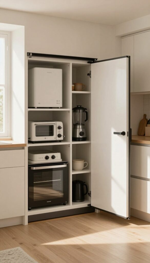 Kitchen alcove appliance garage with roll-top door hiding small gadgets