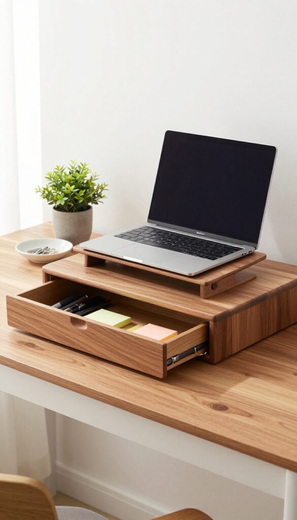 A wooden laptop stand with a storage drawer on a kitchen desk, holding a laptop and small desk accessories.
