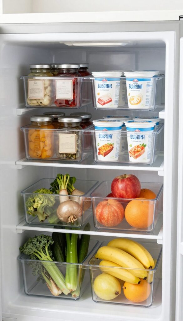 Open refrigerator with clear plastic bins organizing small jars, sauce packets, and snacks on a shelf, bright natural light, clean and tidy kitchen organization.
