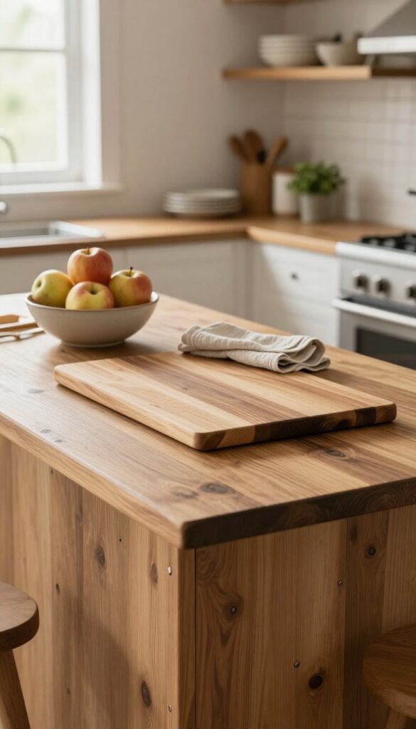 Reclaimed wood kitchen island countertop with a drop-down pull-out cutting board, styled with apples and herbs in bright natural light.