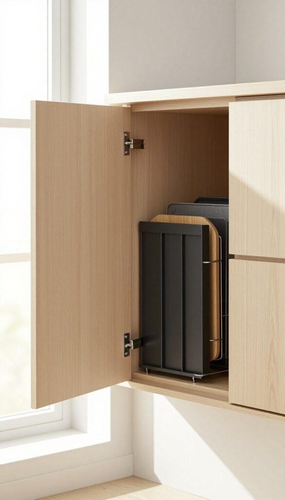 Open kitchen cabinet with vertical dividers organizing baking sheets and cutting boards upright, natural light, modern clean style.