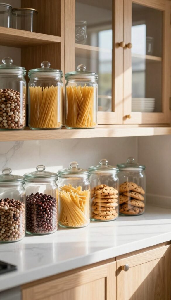 Light and airy kitchen with glass canisters on open shelves, white marble counters, and natural sunlight.