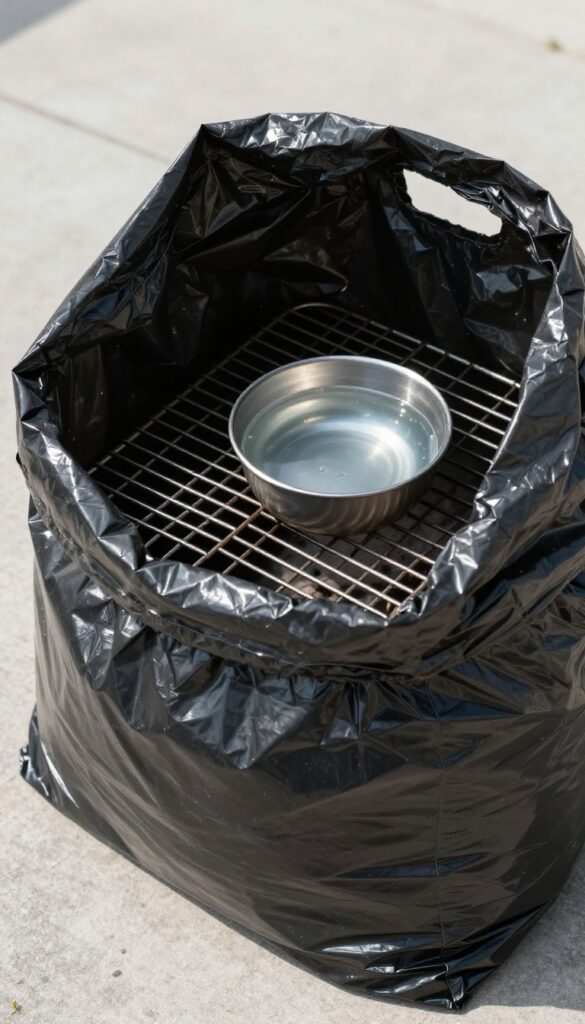 Grill grate inside a garbage bag with a bowl of ammonia for fume cleaning