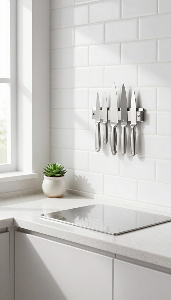 Magnetic knife strip on kitchen backsplash with knives displayed as decor