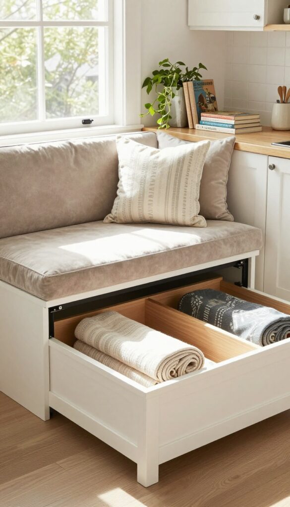 Window seat with lift-up storage in a bright kitchen eating area, showing open storage compartment with organized linens, neutral cushion, and shelf above.