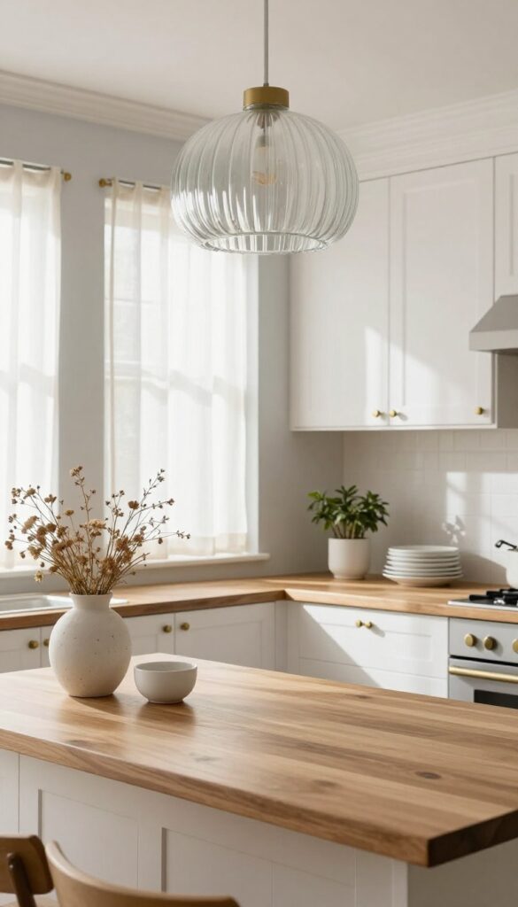 Light and airy cloud kitchen with white cabinets, brass hardware, linen curtains, and a cloud-shaped pendant light over a wooden island.