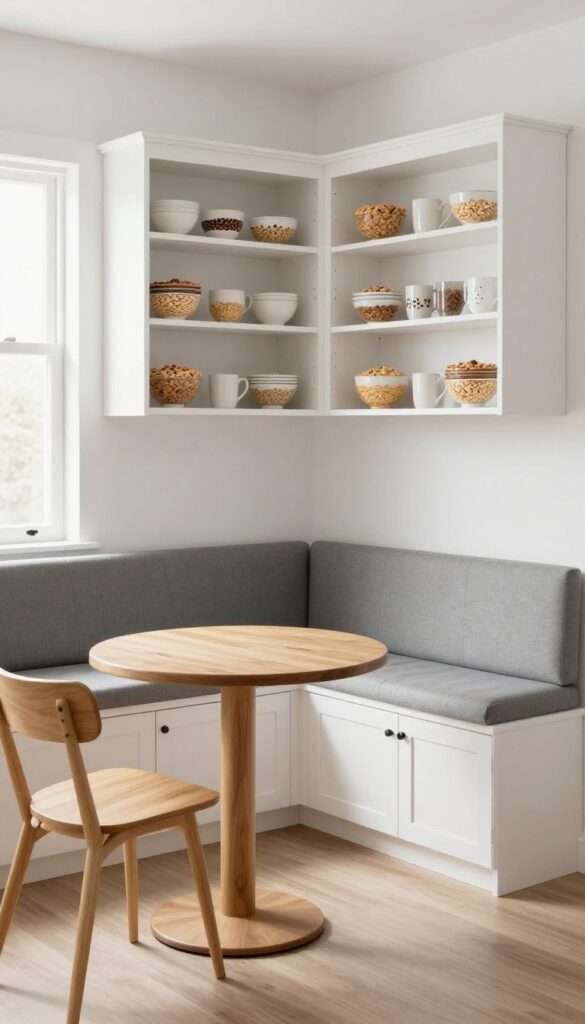 Corner breakfast nook with built-in bench and overhead cabinets in a bright kitchen