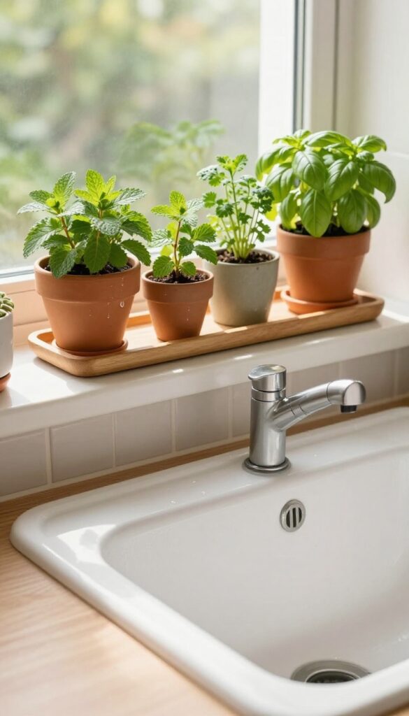 Potted herb garden on kitchen windowsill with terracotta pots and natural light