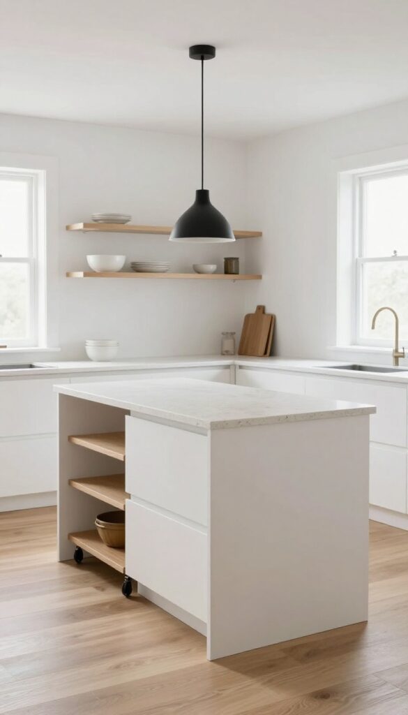 A slim, flush kitchen island with quartz countertop in a narrow galley kitchen, with a rolling cart tucked underneath and a pendant light above.