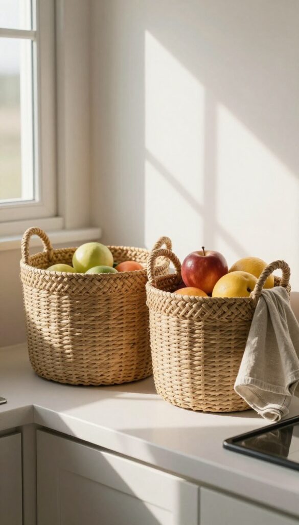 Woven seagrass baskets on a camper kitchen shelf with fruit and linen napkin, natural light