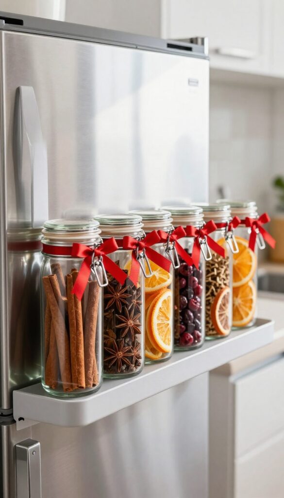 Magnetic spice jar ornaments on a refrigerator door, filled with cinnamon sticks and star anise, tied with red ribbon.
