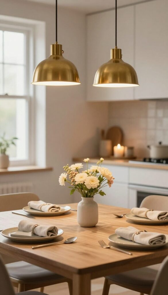 Warm pendant lights over a dining table with dimmer-controlled glow, cozy dinner setting