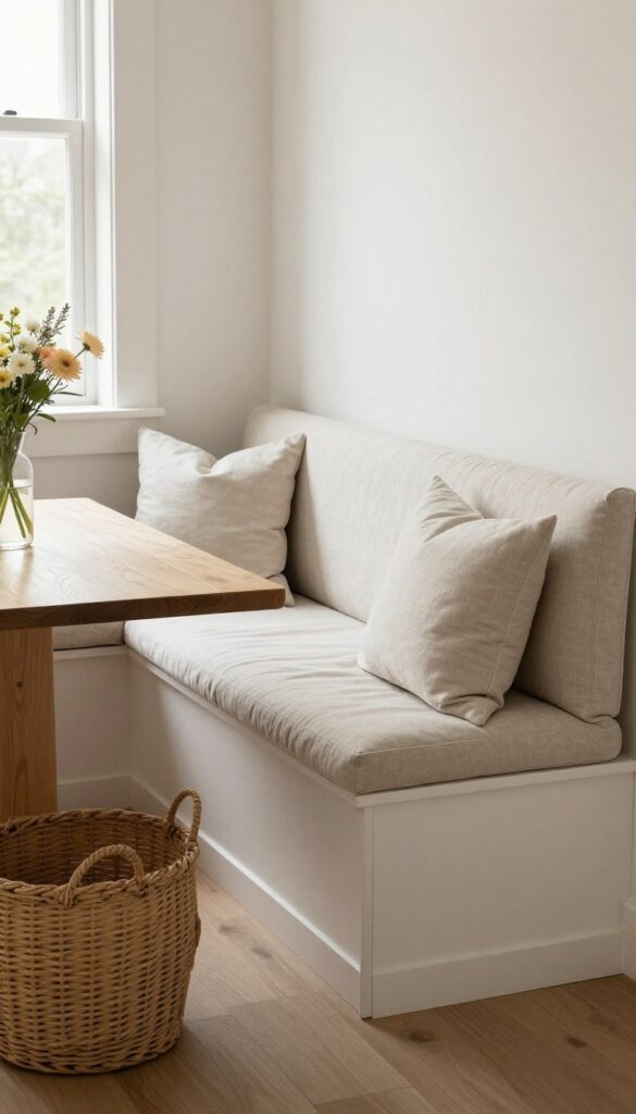 Cozy kitchen booth with removable cushion covers in washable fabric, natural light, and simple decor
