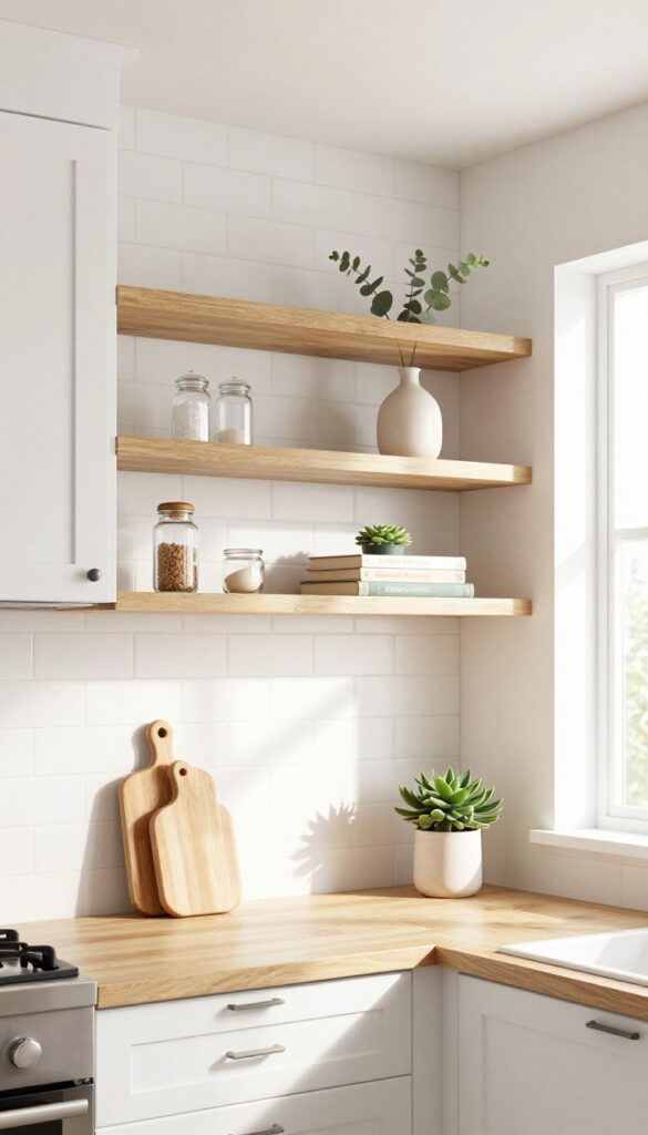 Slim shelf under upper kitchen cabinets with salt cellar, vase, and cookbooks