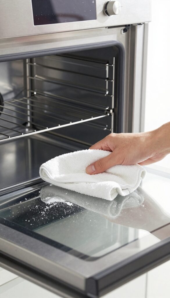 Close-up of a hand wiping ash from inside a clean oven after a self-cleaning cycle