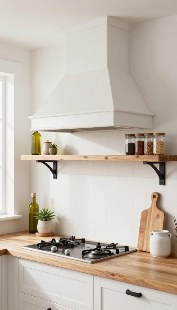 Farmhouse kitchen with open shelving on both sides of a white range hood, holding olive oil, spices, and a small plant on reclaimed wood shelves with black brackets.