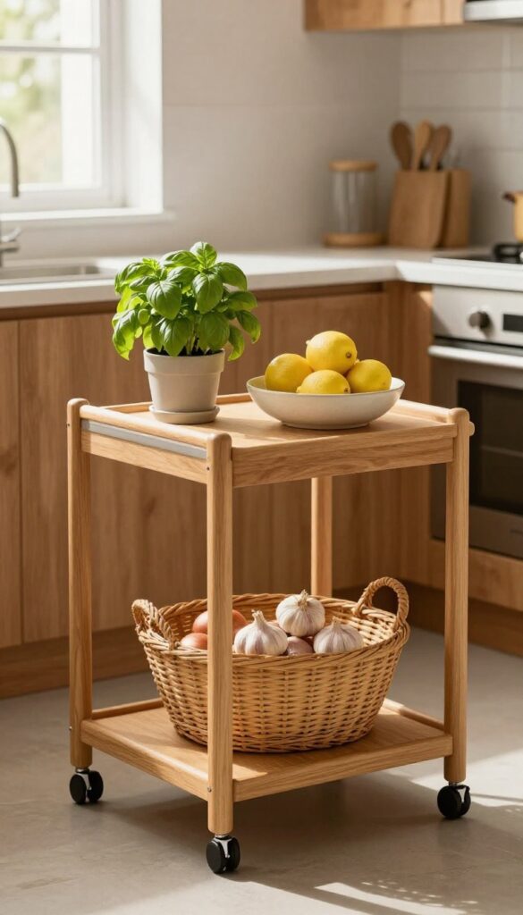 A slim wooden rolling cart in a warm kitchen, holding a potted herb, lemons, and a basket of garlic and onions.