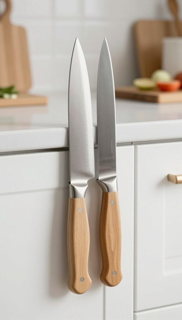 Magnetic knife strip mounted on side of kitchen cabinet, holding knives, with clean modern kitchen background